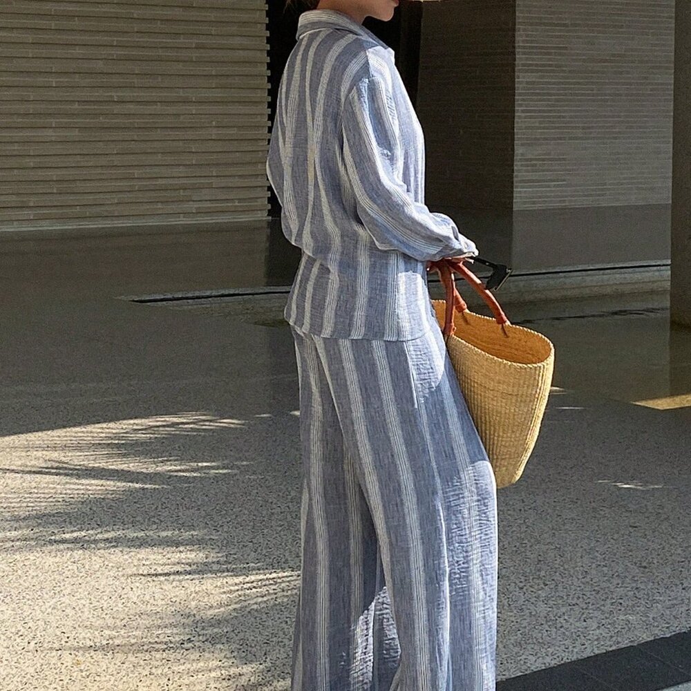 Navy Blue Casual Women's Lace Patchwork Shirt Top And Pants Set - Picture 2 of 7